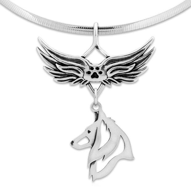 Belgian Sheepdog Pet Loss Necklace with Angel Wing Charm Holder with Paw Print in Sterling Silver on Omega Chain.