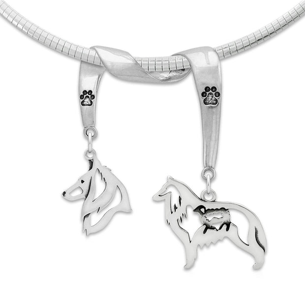 Belgian Tervuren Necklace Head and Body Designs on Paw Print Charm Holder in Sterling Silver on Omega Chain.