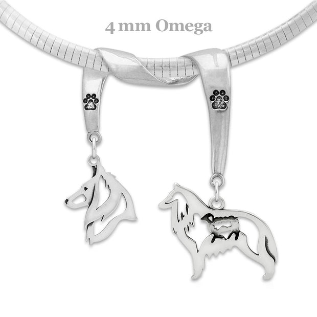 Belgian Sheepdog Necklace Head and Body Designs on Paw Print Charm Holder in Sterling Silver on Omega Chain.