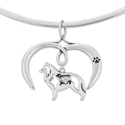 Belgian Sheepdog Necklace with Open Heart Charm Holder with Paw Print in Sterling Silver on Omega Chain.