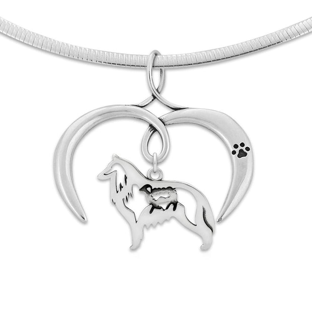 Belgian Sheepdog Necklace with Open Heart Charm Holder with Paw Print in Sterling Silver on Omega Chain.