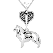 Belgian Sheepdog Sympathy Gift Necklace with Heart Shaped Angel Wing Pendant in Sterling Silver on Box Chain.