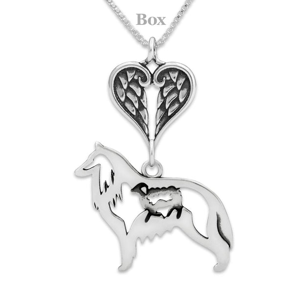 Belgian Sheepdog Sympathy Gift Necklace with Heart Shaped Angel Wing Pendant in Sterling Silver on Box Chain.