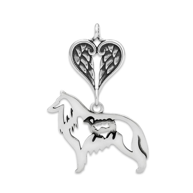 Belgian Sheepdog Sympathy Gift Pendant with Heart Shaped Angel Wing Pendant in Sterling Silver.
