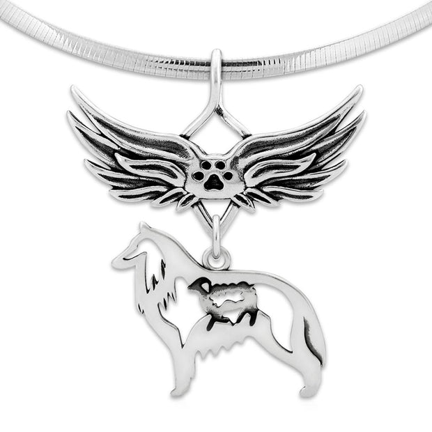Belgian Sheepdog Pet Loss Necklace with Angel Wing Charm Holder with Paw Print in Sterling Silver on Omega Chain.