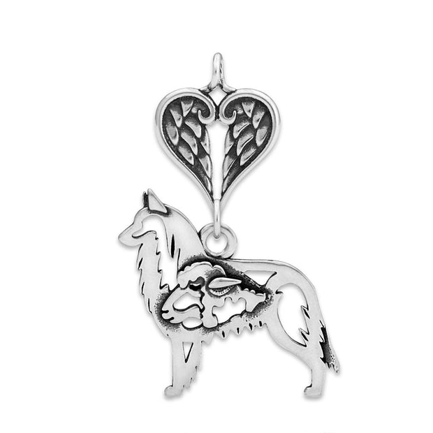 Belgian Tervuren Sympathy Gift Pendant with Heart Shaped Angel Wing Pendant in Sterling Silver.