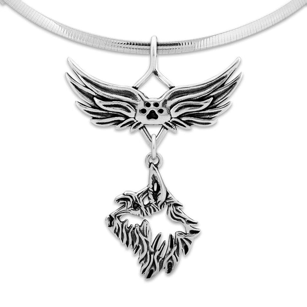 Berger Picard Pet Loss Necklace with Angel Wing Charm Holder with Paw Print in Sterling Silver on Omega Chain.