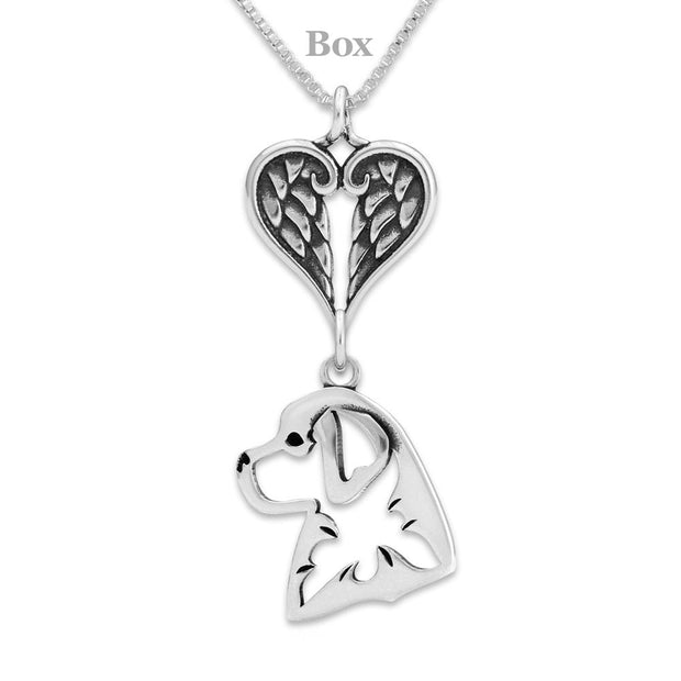 Bernese Mountain Dog Sympathy Gift Necklace with Heart Shaped Angel Wing Pendant in Sterling Silver on Box Chain.