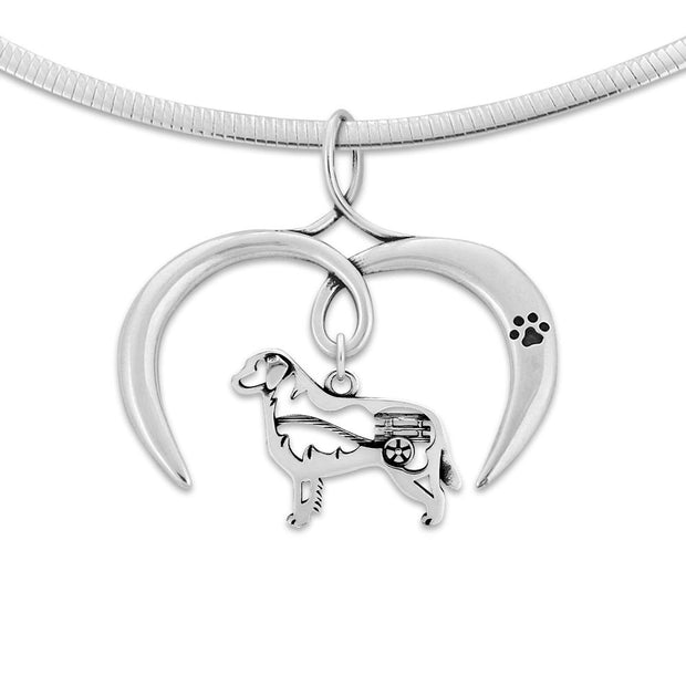 Bernese Mountain Dog Necklace with Open Heart Charm Holder with Paw Print in Sterling Silver on Omega Chain.