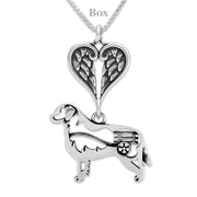 Bernese Mountain Dog Sympathy Gift Necklace with Heart Shaped Angel Wing Pendant in Sterling Silver on Box Chain.