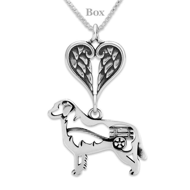 Bernese Mountain Dog Sympathy Gift Necklace with Heart Shaped Angel Wing Pendant in Sterling Silver on Box Chain.