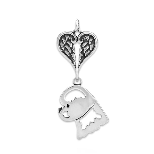 Bichon Frise Sympathy Gift Pendant with Heart Shaped Angel Wing Pendant in Sterling Silver.