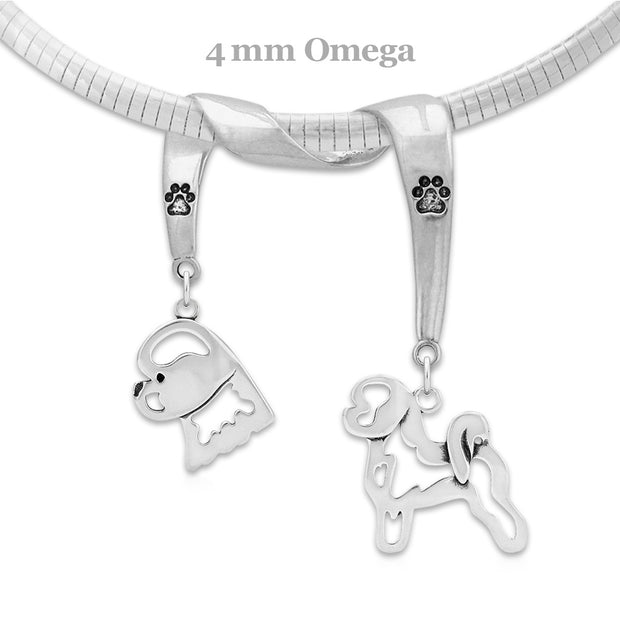 Bichon Frise Necklace Head and Body Designs on Paw Print Charm Holder in Sterling Silver on Omega Chain.