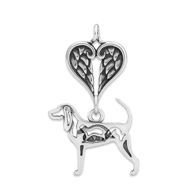 Black and Tan Coonhound Sympathy Gift Pendant with Heart Shaped Angel Wing Pendant in Sterling Silver.