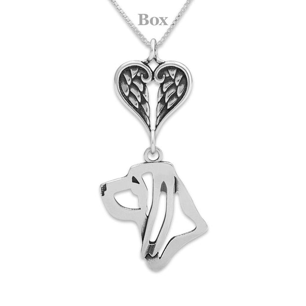 Bloodhound Sympathy Gift Necklace with Heart Shaped Angel Wing Pendant in Sterling Silver on Box Chain.