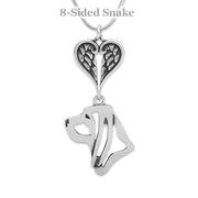 Bloodhound Sympathy Gift Necklace with Heart Shaped Angel Wing Pendant in Sterling Silver on Snake Chain.
