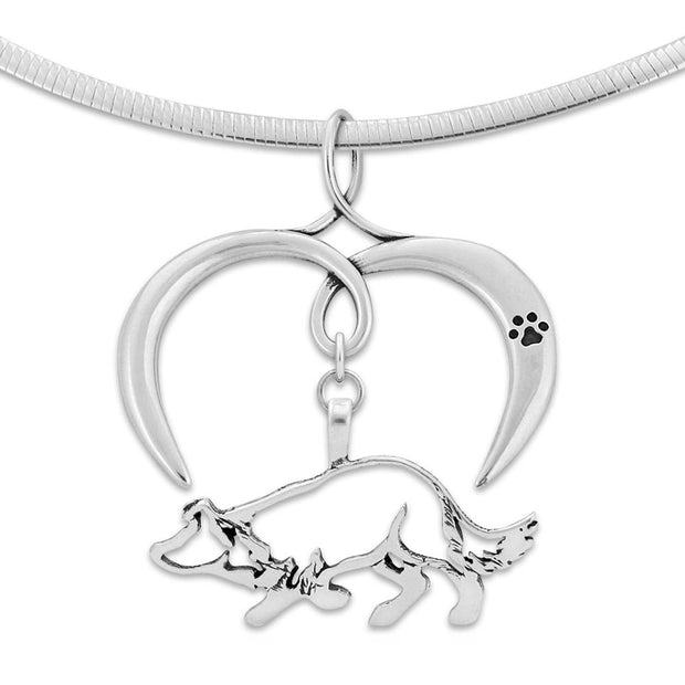 Border Collie Necklace with Open Heart Charm Holder with Paw Print in Sterling Silver on Omega Chain.