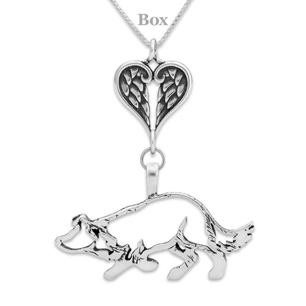 Border Collie Sympathy Gift Necklace with Heart Shaped Angel Wing Pendant in Sterling Silver on Box Chain.