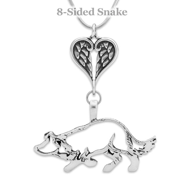 Border Collie Sympathy Gift Necklace with Heart Shaped Angel Wing Pendant in Sterling Silver on Snake Chain.