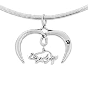 Border Collie Necklace with Open Heart Charm Holder with Paw Print in Sterling Silver on Omega Chain.