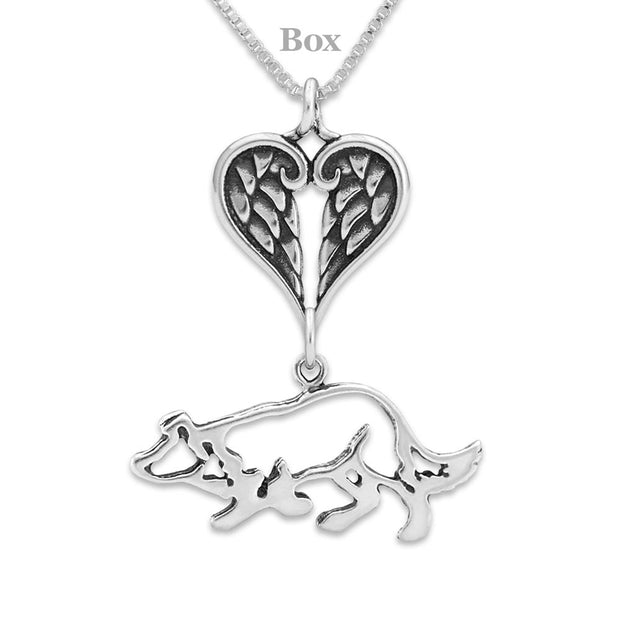 Border Collie Sympathy Gift Necklace with Heart Shaped Angel Wing Pendant in Sterling Silver on Box Chain.