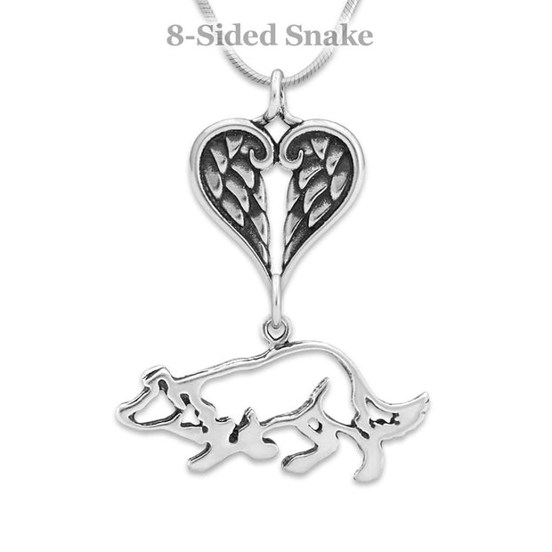 Border Collie Sympathy Gift Necklace with Heart Shaped Angel Wing Pendant in Sterling Silver on Snake Chain.