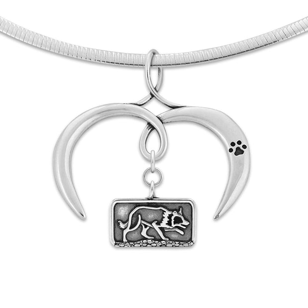 Border Collie Necklace with Open Heart Charm Holder with Paw Print in Sterling Silver on Omega Chain.