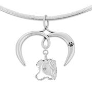 Border Collie Necklace with Open Heart Charm Holder with Paw Print in Sterling Silver on Omega Chain.
