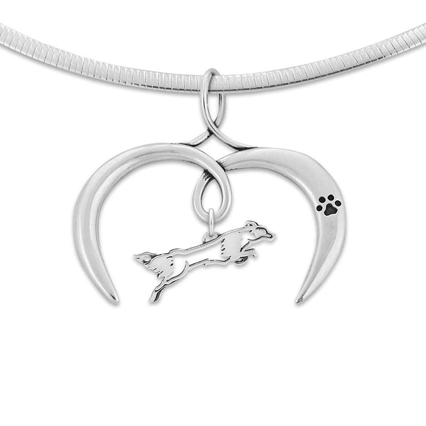 Border Collie Necklace with Open Heart Charm Holder with Paw Print in Sterling Silver on Omega Chain.