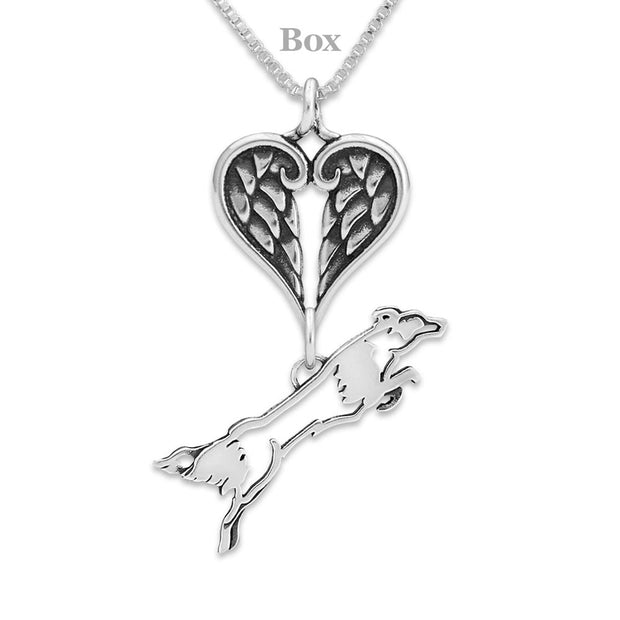 Border Collie Sympathy Gift Necklace with Heart Shaped Angel Wing Pendant in Sterling Silver on Box Chain.