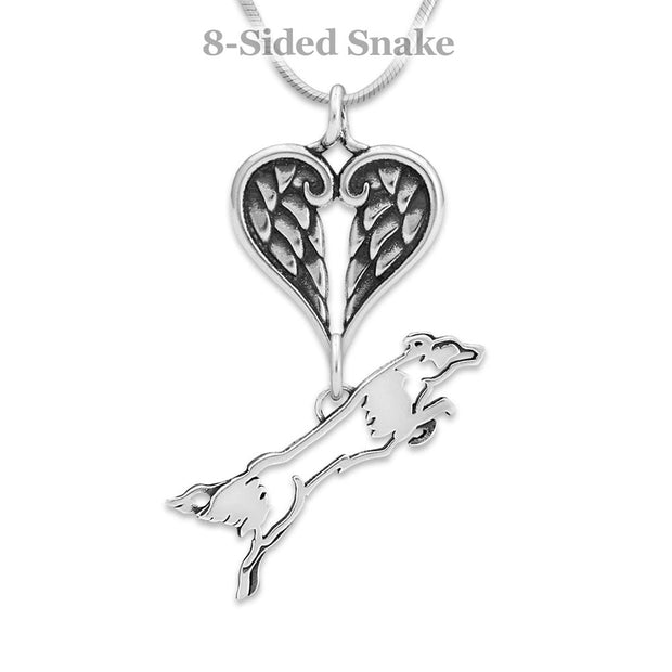 Border Collie Sympathy Gift Necklace with Heart Shaped Angel Wing Pendant in Sterling Silver on Snake Chain.