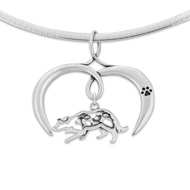 Border Collie Necklace with Open Heart Charm Holder with Paw Print in Sterling Silver on Omega Chain.
