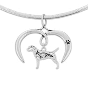 Border Terrier Necklace with Open Heart Charm Holder with Paw Print in Sterling Silver on Omega Chain.
