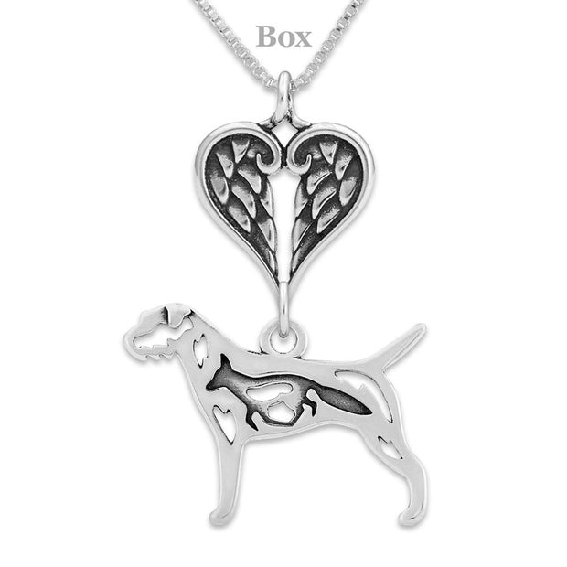 Border Terrier Sympathy Gift Necklace with Heart Shaped Angel Wing Pendant in Sterling Silver on Box Chain.