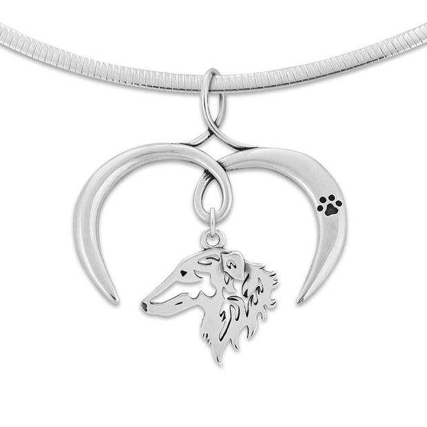 Borzoi Necklace with Open Heart Charm Holder with Paw Print in Sterling Silver on Omega Chain.