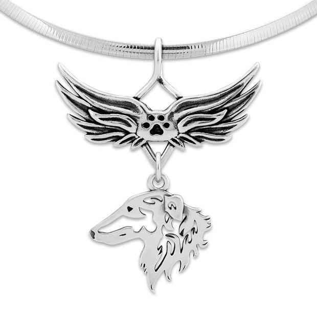 Borzoi Pet Loss Necklace with Angel Wing Charm Holder with Paw Print in Sterling Silver on Omega Chain.