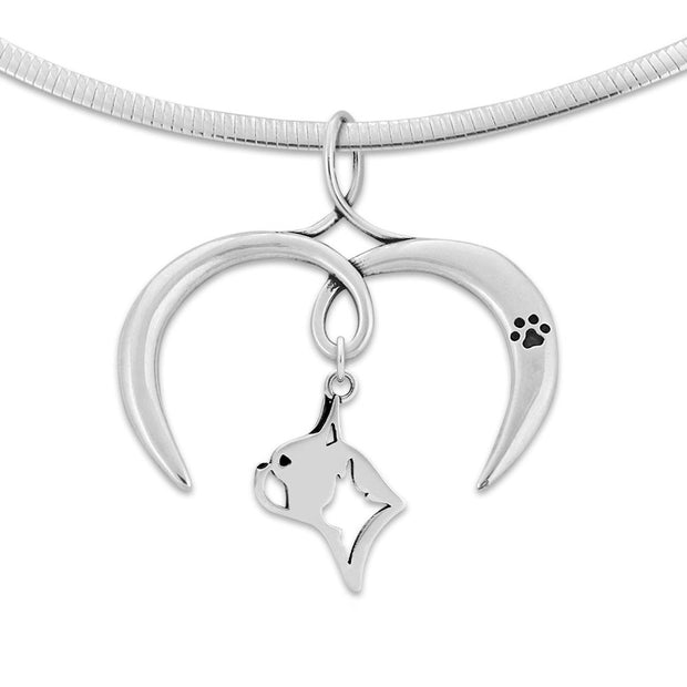 Boston Terrier Necklace with Open Heart Charm Holder with Paw Print in Sterling Silver on Omega Chain.