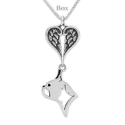 Boston Terrier Sympathy Gift Necklace with Heart Shaped Angel Wing Pendant in Sterling Silver on Box Chain.