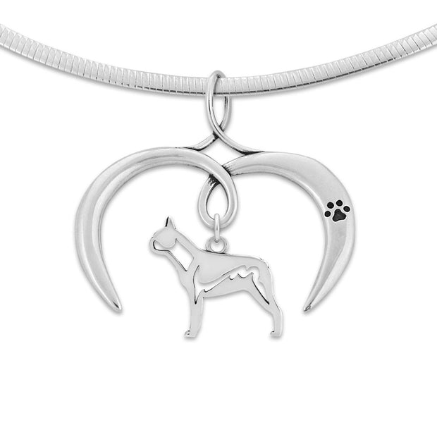 Boston Terrier Necklace with Open Heart Charm Holder with Paw Print in Sterling Silver on Omega Chain.
