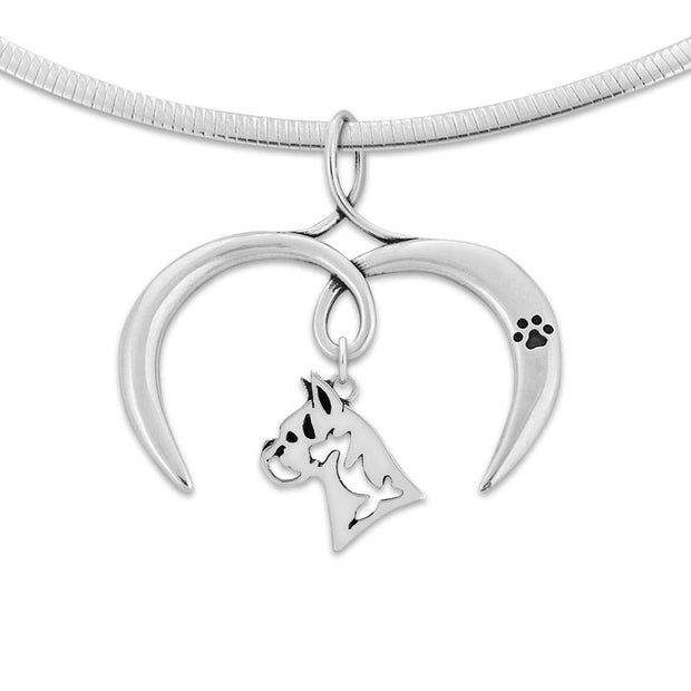 Boxer Necklace with Open Heart Charm Holder with Paw Print in Sterling Silver on Omega Chain.