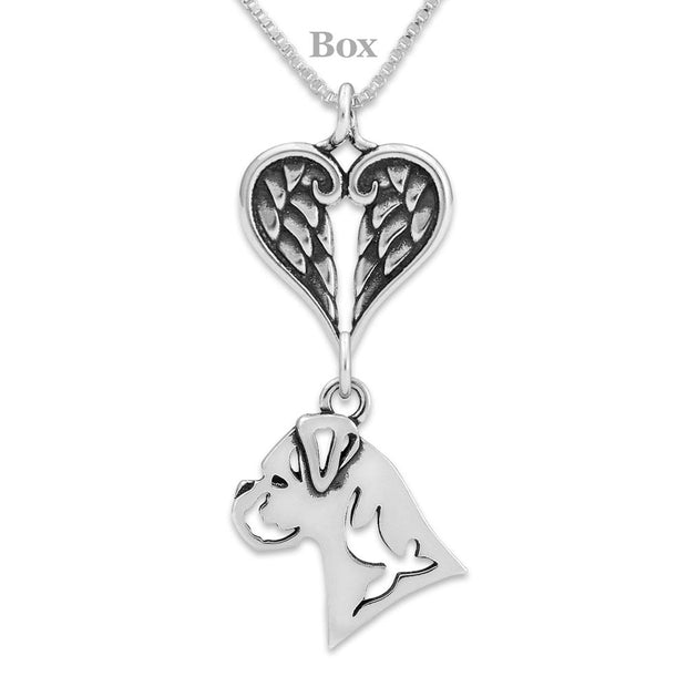 Boxer Sympathy Gift Necklace with Heart Shaped Angel Wing Pendant in Sterling Silver on Box Chain.