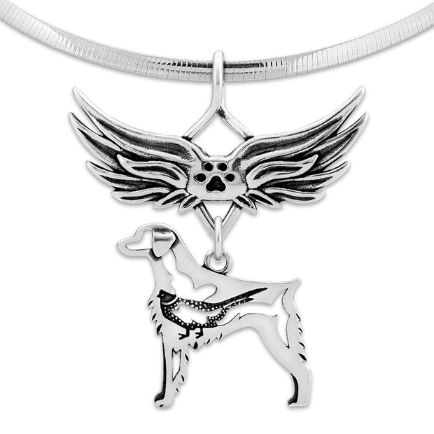 Brittany Pet Loss Necklace with Angel Wing Charm Holder with Paw Print in Sterling Silver on Omega Chain.