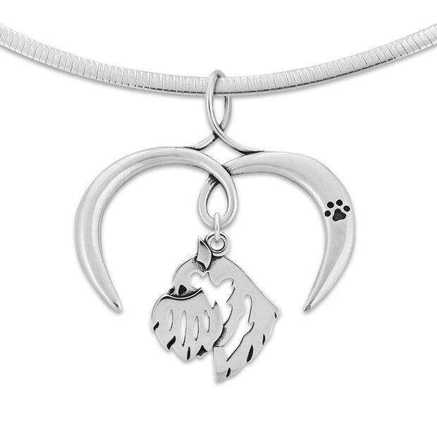 Brussels Griffon Necklace with Open Heart Charm Holder with Paw Print in Sterling Silver on Omega Chain.