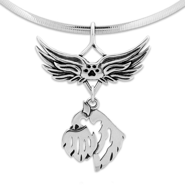 Brussels Griffon Pet Loss Necklace with Angel Wing Charm Holder with Paw Print in Sterling Silver on Omega Chain.