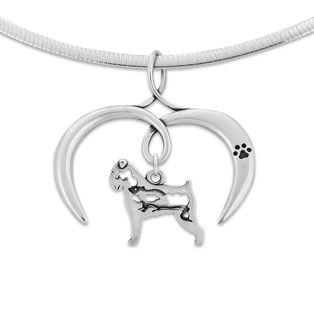 Brussels Griffon Necklace with Open Heart Charm Holder with Paw Print in Sterling Silver on Omega Chain.