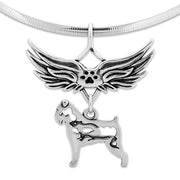 Brussels Griffon Pet Loss Necklace with Angel Wing Charm Holder with Paw Print in Sterling Silver on Omega Chain.