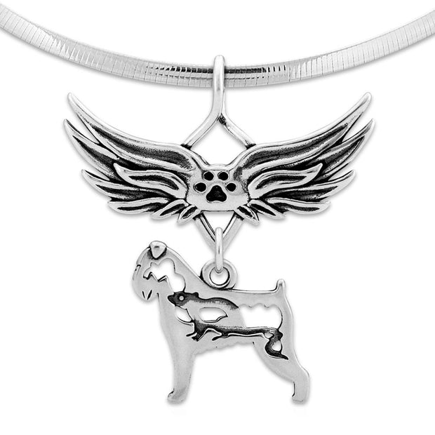Brussels Griffon Pet Loss Necklace with Angel Wing Charm Holder with Paw Print in Sterling Silver on Omega Chain.