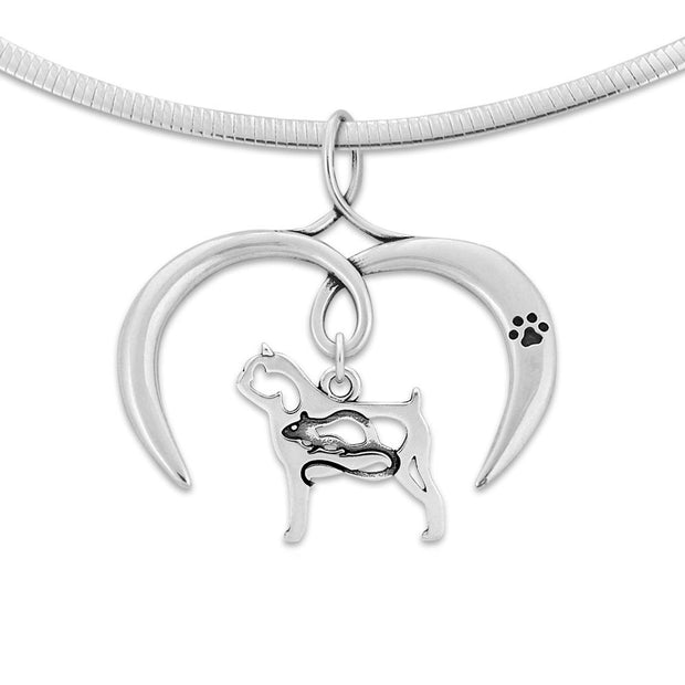 Brussels Griffon Necklace with Open Heart Charm Holder with Paw Print in Sterling Silver on Omega Chain.
