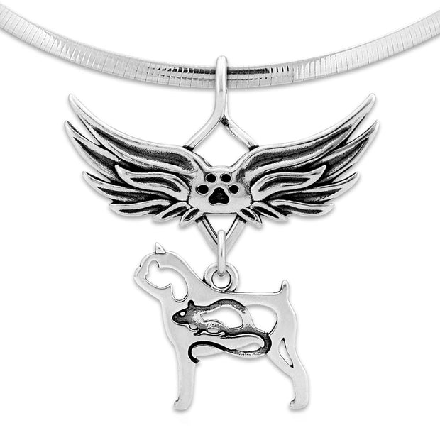 Brussels Griffon Pet Loss Necklace with Angel Wing Charm Holder with Paw Print in Sterling Silver on Omega Chain.
