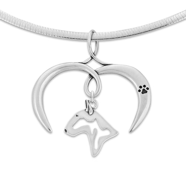 Bull Terrier Necklace with Open Heart Charm Holder with Paw Print in Sterling Silver on Omega Chain.